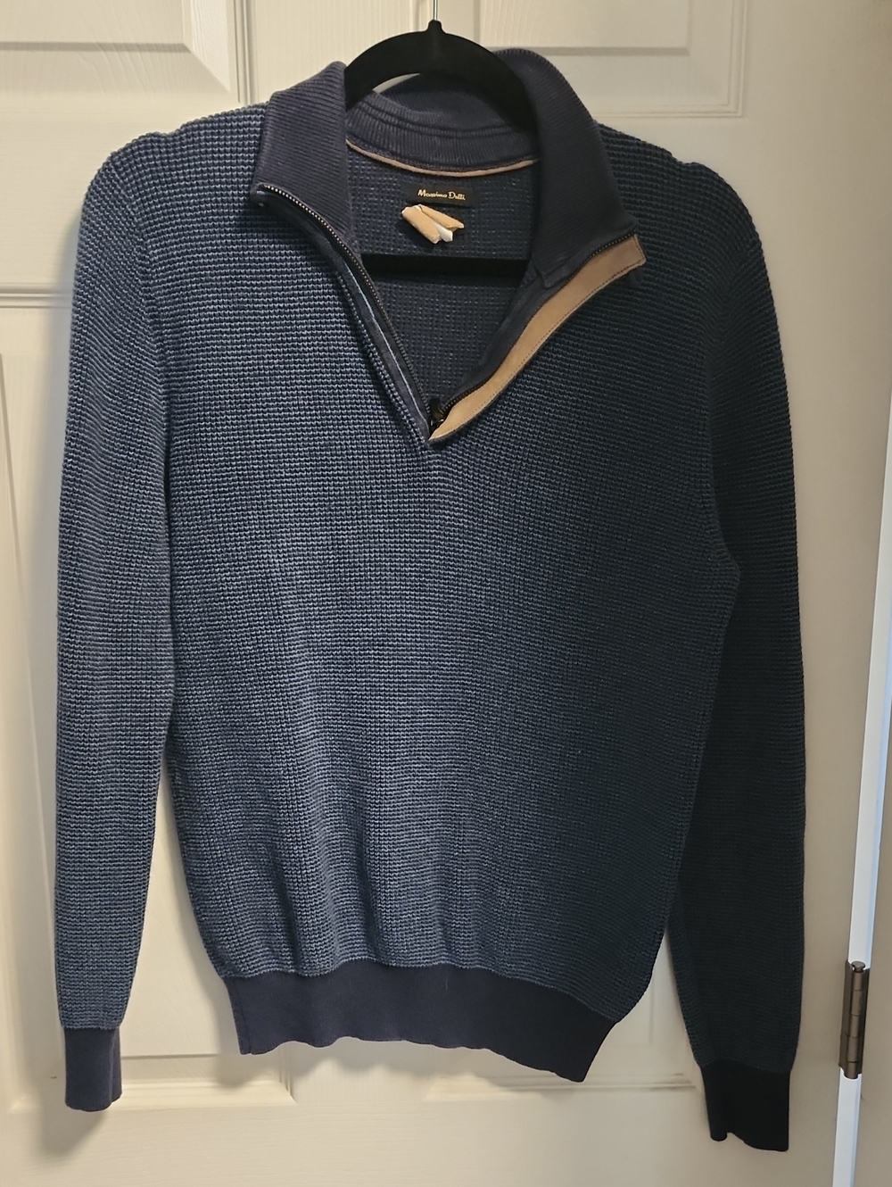 Massimo Dutti Men's Navy Zip-Neck Textured Knit Sweater